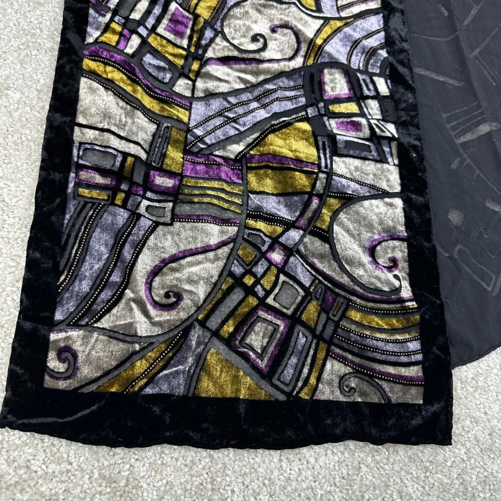 Art Deco Velvet Silk Burnout Scarf Stained Glass Devore Wrap Purple Gold Black